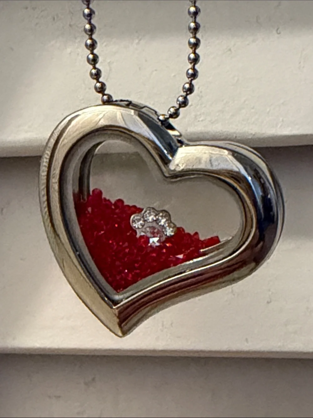 Silver tone Heart Locket Necklace with Red glass crystals and rhinestone dog paw
